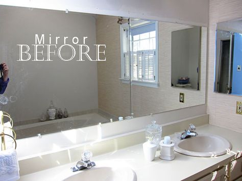 How to do a DIY frame around a plain bathroom mirror. Includes instructions on how to create a frame without needing to miter trim. Bathroom Mirror Makeover, Bathroom Mirrors Diy, Large Bathroom Mirrors, Bathroom Mirror Frame, Mirror Makeover, Mirror Trim, Diy Casa, Large Bathrooms, Diy Mirror