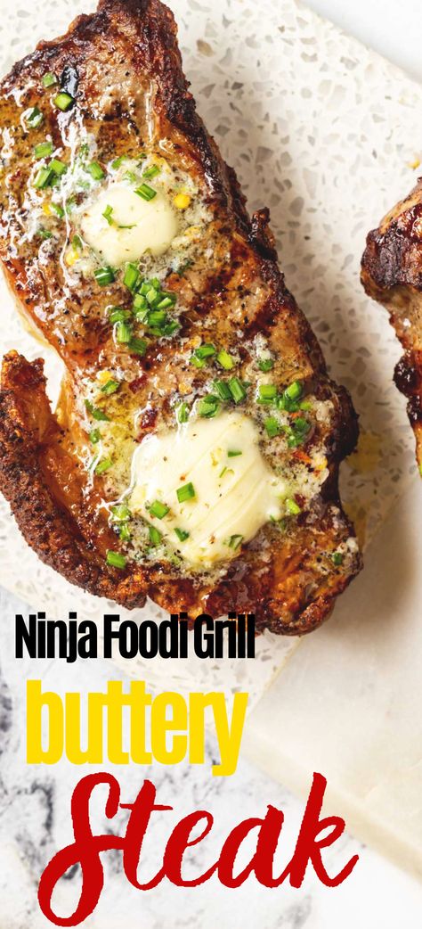 Steak is the ultimate in luxurious fast food, and it doesn't get any better than this Ninja Foodi Grill Steak. Charred Steak, Garlic Chive Butter, Indoor Grill Recipes, Chive Butter, Ninja Foodi Grill, Ninja Grill, Strip Steak Recipe, Grilled Ribeye Steak, Grill Steak