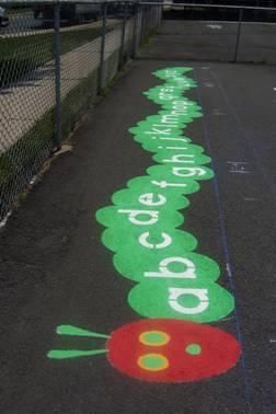 Hungry Caterpillar alphabet. Cute idea for Kindergarten area! {could also be done with paper!} Preschool Playground Ideas, Playground Flooring Outdoor, Daycare Playground, Google Ideas, Playground Painting, Preschool Playground, Playground Flooring, Playground Games, Toddler Outdoor