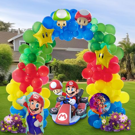 PRICES MAY VARY. Mario Balloon Garland Kit: 139 Pieces Total ---12 latex balloons(12 in), 60 latex balloons(10 in),60 latex balloons(5 in),2pcs Mario Foil Mylar Balloons,2 pcs star Foil Balloons,2pcs mushroom Foil Balloons,1 pcs balloon strip, 1 pc roll glue dots. Quality Material: All balloons are made of natural latex, thick, durable, non-toxic and reusable. It can be filled with both air and helium. Used In Variety Ways - The balloon decorating strip can make various types of rainbow-colored Mylar Balloon Arch, Mario Balloons, Mario Theme, Balloons Arch, Balloons Decorations, Mario Birthday Party, Cake Table Decorations, Pastel Balloons, Mario Birthday