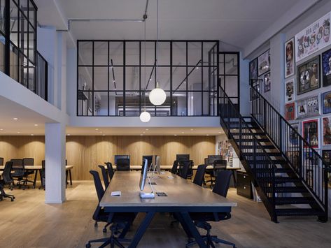 Mezzanine Office Design, Industrial Office Space, Industrial Style Office, Warehouse Office, Industrial Office Design, Downtown Lofts, Loft Office, Look Office, Industrial Architecture