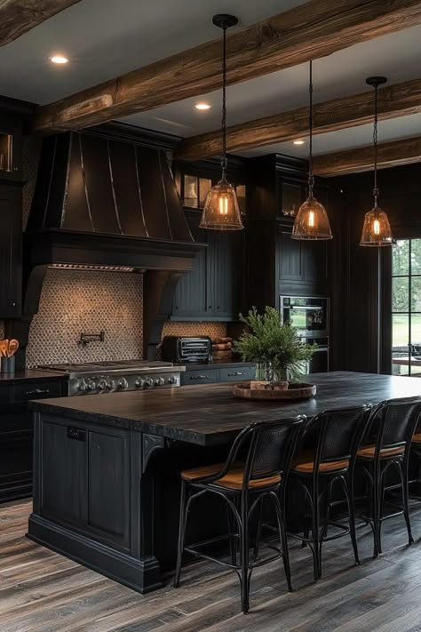 29 Industrial Farmhouse Decor Ideas to Blend Style and Function 25 Dark Cottagecore Kitchen, Black Kitchen Countertops, Industrial Farmhouse Decor, Rustic Cabins, Deco Kitchen, Brown Kitchen Cabinets, Kitchens Ideas, Art Deco Kitchen, White Kitchen Backsplash