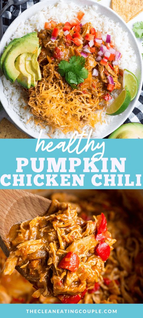 Pumpkin Chicken Chili is a delicious healthy chili recipe. Made with a few ingredients, Whole30 friendly & easy to make in the slow cooker or instant pot! Paleo, Whole30 and made in a crockpot or Instant Pot, this chili is loaded with flavor and so simple to make! #whole30 #paleo #crockpot #healthy Pumpkin Chicken Chili, Healthy Chili Recipe, Pumpkin Chicken, Farm Recipes, Savory Pumpkin, Chicken Chili Crockpot, Healthy Chili, Easy Whole 30 Recipes, Easy Clean Eating Recipes