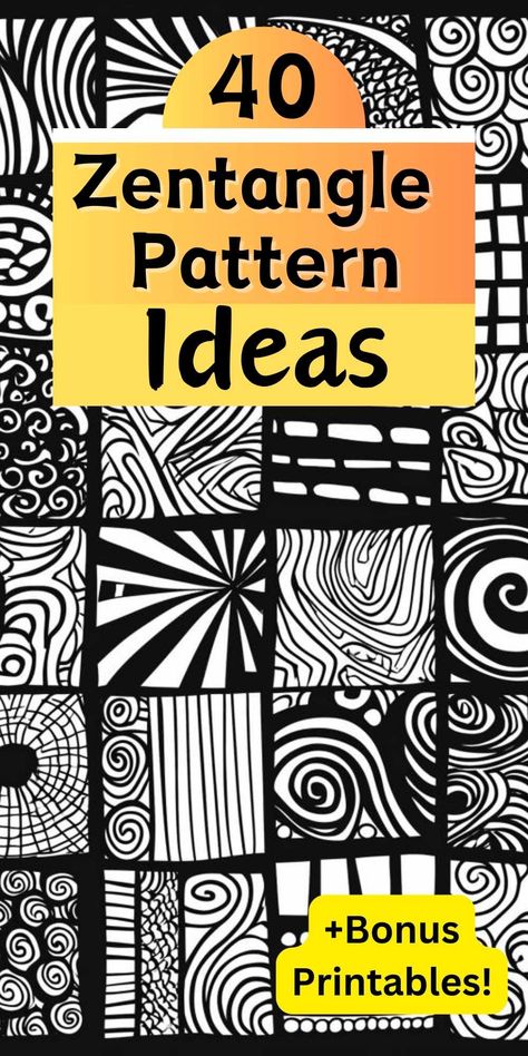 Ignite your creativity with a collection of 40+ Zentangle Patterns! Whether you're new to Zentangle art or an experienced artist, these diverse patterns cater to beginners and advanced practitioners alike. BONUS! Free Zentangle Coloring Pages. #ZentanglePatterns #CreativeInspiration #ArtisticExpression Small Zentangle Patterns, Basic Zentangle Patterns Step By Step, Zentangle Blank Template Free Printable, Zentangle Tiles Ideas, Printable Zentangle Patterns Free, Zentangle Words, Zen Tangle Patterns Step By Step, Free Zentangle Printables, Doodle Name Art Ideas