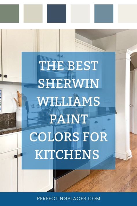 These are the best Sherwin Williams paint colors for your kitchen walls and kitchen cabinets. Wherein Williams Kitchen Colors, Kitchen Paint Color Sherwin Williams, Colors For Kitchen Cabinets 2023, On Trend Kitchen Colours, Kitchen Design With Color, Kitchen Colors Sherwin Williams, Favorite Sherwin Williams Paint Colors, Neutral Blue Paint Colors Sherwin Williams, White Cabinets Kitchen Colors