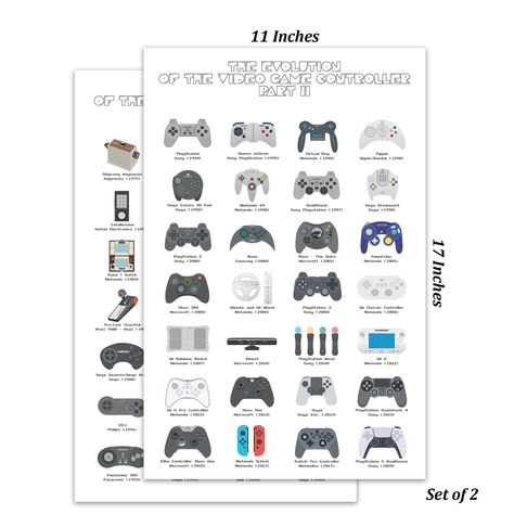 THE EVOLUTION OF THE VIDEO GAME CONTROLLER ♦ This 2-posters set gathers the 56 most memorable video game controllers of all time. Depicted with the help of eye-catching, high-definition art images, this collection features retro gaming control devices such as the Odyssey Magnavox of 1972 as well as many more familiar joysticks and famous DualShock controllers from the dawn of gaming.   MADE TO LAST ♦ The set includes two posters with dimensions 11 x 17 Inches, printed on high-quality cardboard a Video Game Room Decor, Video Game Controllers, Gaming Room Decor, Teen Boy Room, Video Game Posters, Gaming Posters, Definition Art, Game Controllers, Video Game Controller