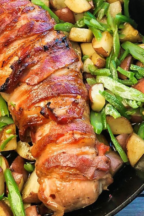 Roast Pork Tenderloin and Potato Skillet - ChefAlli.com Pork Tenderloin Potatoes, Bacon Pork Tenderloin, Pork Tenderloin And Potatoes, Cast Iron Skillet Steak, Roast Pork Tenderloin, Potato Skillet, Roasted Pork Tenderloins, Pork Recipes Easy, Skillet Potatoes