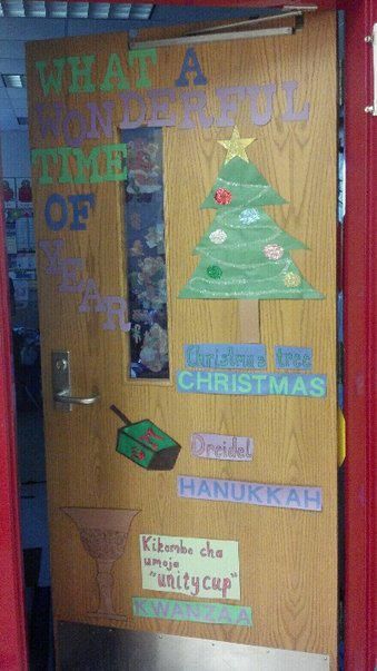 Holiday door display showing elements of Christmas, Hanukkah, and Kwanzaa Kindergarten Door, Teaching Preschoolers, Christmas Door Decorating Contest, Christmas Classroom Door, Door Decorating Contest, Teacher Toolkit, Res Life, Door Display, Door Decorating