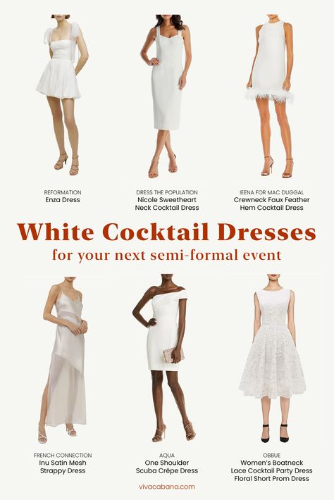 Cocktail dresses can be the most fun pieces in your wardrobe. Sequin, faux fur, ruffles, plunging neckline—the styles are ready to help you have the best night. While it’s tempting to wear your usual black, why not switch it up to an equally chic and easy-to-wear white cocktail dress? Just like your little black dress, your little white dress is easy to match colors. Minimalist Cocktail Dress, White Cocktail Party Outfit, Black And White Wedding Guest Outfit, White Dress Code Party, White Cocktail Dress Classy, Cocktail White Dress, Dress Code Cocktail, Cocktail Party Outfit Classy, Party Outfit Night Classy