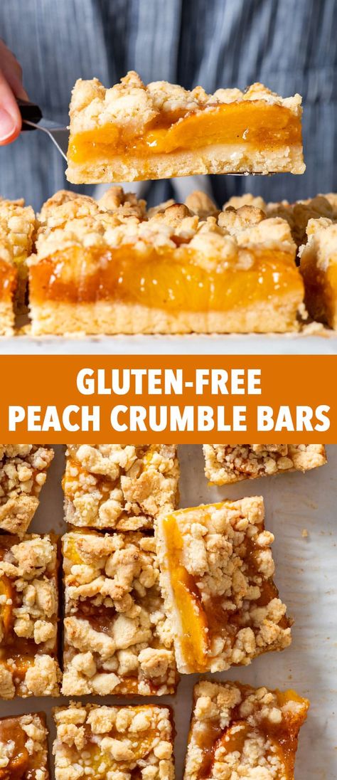 Fall Peach Recipes, Gluten Free Peach Dessert Recipes, Gluten Free Potluck Desserts, Gluten Free Summer Meals, Gluten Free Peach Dessert, Gluten Free Peach Crumble, Quick Gluten Free Desserts, Peach Crumble Bars, Gluten Free Peach Cobbler