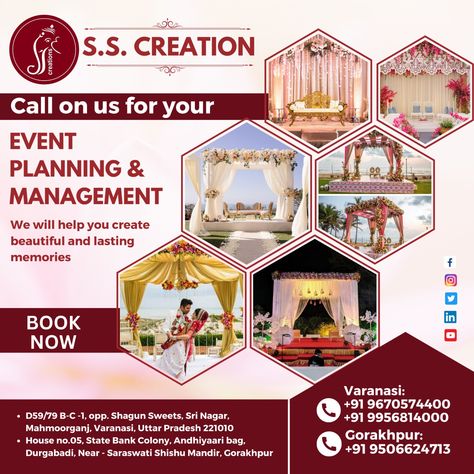 SS Creations is a professional wedding planning service based in Varanasi. We provide full-service wedding coordination services that help you plan each aspect of your special day and make it truly exceptional. With our bespoke approach, experienced team. Wedding / Myrah/ Mehndi / Sangeet/ Varmala/ Birthday / Anniversary / Destination Wedding & Many More!! Theme Events & Decorations : : Call📞 Or WhatsApp : 096705 74400 / 9956814000. : : : : #events #eventplanner #party #wedding #event Event Planner Poster, Event Planning Poster, Event Planning Flyer, Anniversary Destinations, Events Decorations, Creative Planner, Social Media Design Inspiration, Word Design, Album Design