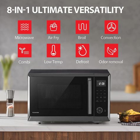 One microwave with multi-functions of microwave, air fry, bake(convection), broil (grill), combi., low temp., odor removal, defrost can fulfill more usages Enjoy your wholesome fried food with original taste but less fat with healthy air fry 12.4inch removable turntable can fit a whole roasted chicken, 12-inch pizza and 8*4-inch casserole Air Fryer Microwave, Fry Bake, Black Microwave, Oven Air Fryer, Convection Microwave, Countertop Microwave Oven, Microwave Convection Oven, Grill Rack, Whole Roasted Chicken