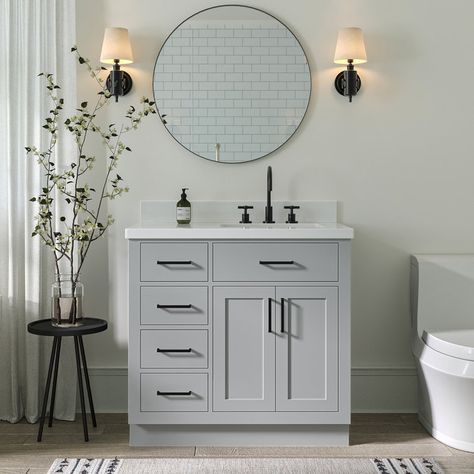 Sidmouth 37'' Single Bathroom Vanity with White Quartz Top 36 Inch Bathroom Vanity, Countertop Backsplash, Grey Bathroom Vanity, Quartz Vanity Tops, Vanity Room, Bathroom Vanity Base, White Quartz Countertop, White Vanity Bathroom, Marble Vanity Tops