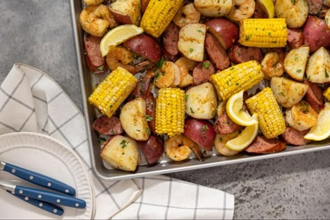 Fatayer Recipe, Magnolia Table Recipes, Joanna Gaines Recipes, Potatoes And Corn, Shrimp Boil Recipe, Magnolia Kitchen, Beans In Crockpot, Perfect Roast Chicken, Sheet Pans