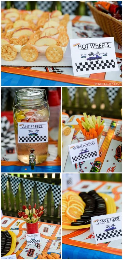 Car Themed Birthday Party Food Ideas, Hotwheels Birthday Food Ideas, Racing Party Snacks, Monster Truck Theme Party Food, Hot Wheels Party Games Activities, Diy Hot Wheels Birthday Decorations, Hot Wheels Birthday Dessert Table, Race Track Party Food, Race Theme Food Ideas