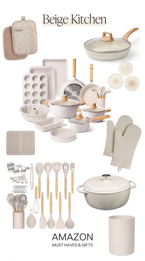 Creating your dream kitchen?  If a beige kitchen is your goal, these Amazon Finds and Tiktok Viral Kitchen Products are perfect for your kitchen inspiration. Neutral colored kitchen utensils, beige kitchen pots and pans, and everything you need to finish a classy, simply, dreamy kitchen using Amazon products only. These beige kitchen finds are so affordable too! Minimalist Kitchen Essentials, Reka Bentuk Dalaman, Desain Pantry, Desain Furnitur Modern, House Essentials, Beige Kitchen, Future Apartment Decor, Apartment Essentials, Amazon Home Decor