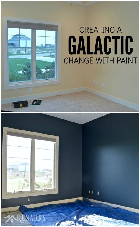 Creating an outer space boys bedroom starts with a huge galactic change in paint color. The walls were transformed from pale yellow with outerspace paint from Sherwin-Williams. Space Boys Bedroom, Boys Room Paint Ideas, Boys Space Bedroom, Outer Space Room, Boys Room Colors, Outer Space Bedroom, Galaxy Bedroom, Galaxy Room, Boy Room Paint