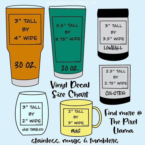 Vinyl Decal Size Chart for Cups – Pixel Llama Decal Sizing For Tumblers, Vinyl Decal Size Chart, Decal Size Chart, Sublimacion Ideas, Cricut Supplies, Projets Cricut, Cup Decal, Cricut Projects Beginner, Custom Tumbler Cups