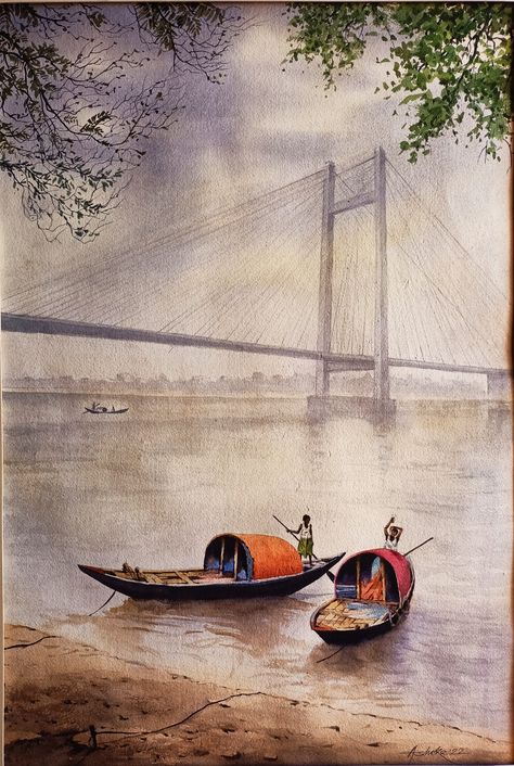 Watercolor Scenery Drawing, Indian Scenery Painting, Village Scene Drawing Water Colour Easy, Tawaif Culture, শরৎকালের দৃশ্য Drawing, Watercolor Paintings Scenery Easy, Composition Painting Watercolour, Watercolour Scenery Painting, Easy Composition Painting