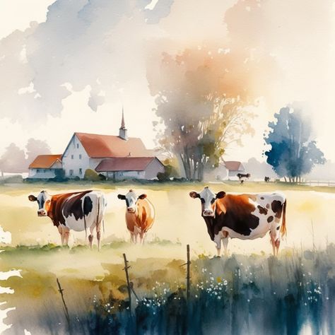 Farm Scene Painting, Farm With Animals, Farm Animal Paintings, Watercolor Barns, Barn Painting, Farm Field, Country Lifestyle, Farm Art, Cow Painting