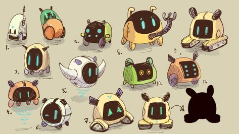 Just some designs for a cute companion robot Mini Robot Art, Animal Robots Concept Art, Mini Robot Design, Solarpunk Robot, Robot Concept Art Cute, Machine Concept Art, Cute Robot Art, Cute Robot Design, Cute Mecha