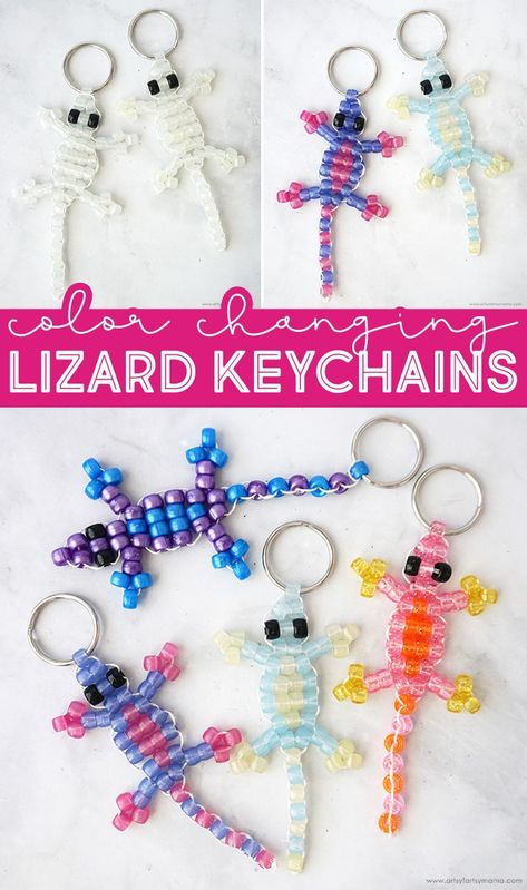 Color-Changing Beaded Lizard Keychains #kidsactivities #diykeychains #teencrafts #kidscrafts #beadedlizard #ponybeads #teenactivities #diykeychain #campcrafts #beadcrafts Lizard Beads Pattern, How To Make Beaded Animal Keychains, Bead Gecko Pattern, Axolotl Bead Keychain, Diy Beaded Lizard, Pony Bead Gecko, Fun Beaded Jewelry, Beading Crafts For Kids, Pony Bead Animals Tutorial