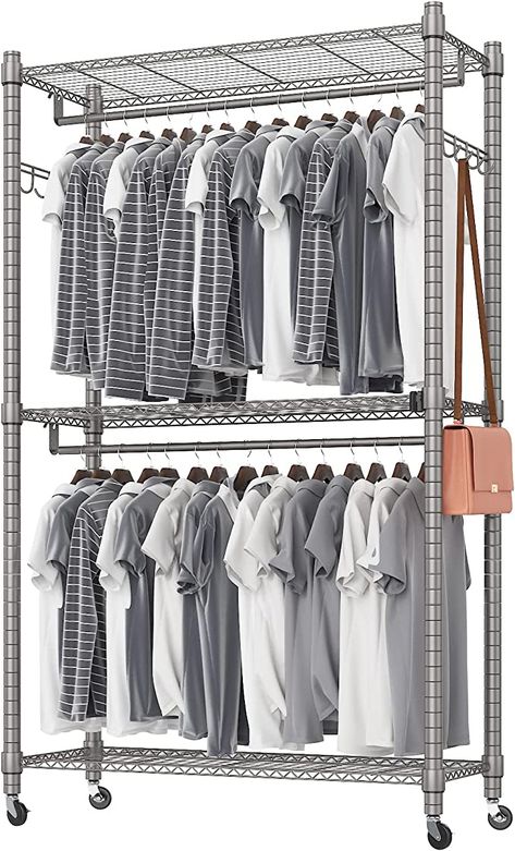 Heavy Duty Clothing Rack, Clothes Rack With Wheels, Rolling Rack Closet Ideas, Dresser Alternative, Rolling Shelves, Clothes Simple, Rolling Clothes Rack, Portable Clothes Rack, Rolling Rack