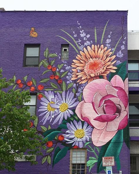 My latest mural in Evanston, IL! “Ultra Violet”, aerosol on purple painted brick. Featuring Magnolia, Aster, crabapple, lavender, and… Backyard Mural, Floral Murals, Floral Mural, Office Mural, Garden Mural, Flower Mural, Urbane Kunst, Flowers Painted, Institute Of Contemporary Art