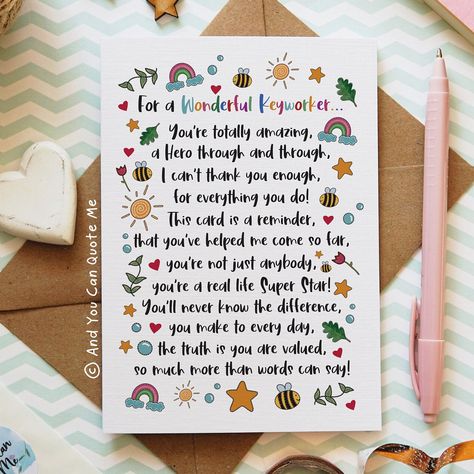 🌈 © 'Wonderful Keyworker' 🌈 An original poem from And You Can Quote Me, unique, bold and colourful! Designed to celebrate and thank our wonderful nursery, preschool staff, and keyworkers.   **ITEM DESCRIPTION** ♥︎Card Size A6 (105mm x 148mm).  ♥︎Printed onto Recycled A6 Natural White Linen (lightly textured) Card 300gsm. ♥︎Choice of envelope style. Choose between white envelope with corner printed birds, plain white, or plain kraft envelope. ♥︎Blank on the inside of the card, allowing space for you to write your own message. **POSTAGE & PACKAGING** ♥︎Neatly packaged in Eco Friendly Biodegradable Packaging, and placed inside a hardback envelope for added protection.  Sent with Love! ♥︎All items are sent via Royal Mail First Class Post (International Standard for Orders outside of the UK). Teacher Poems, Nursery Teacher, Teacher Thank You Cards, Thank You Friend, Appreciation Cards, Supportive Friends, Luxury Card, Teacher Thank You, Quote Cards