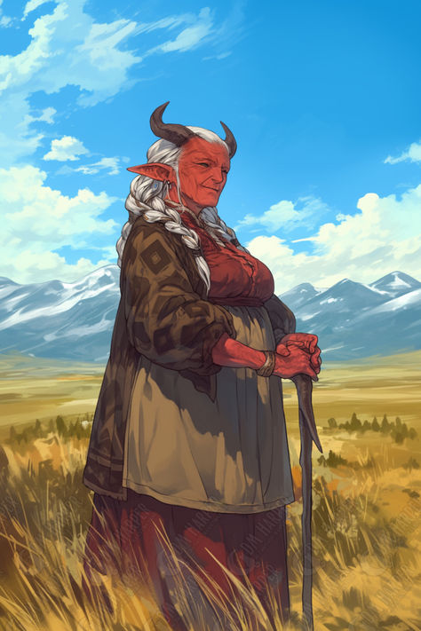 Tiefling Elder (Zoom Alt) Elder Character Design, Horn Character Design, Old Tiefling, Old Woman Character Design, Tiefling Female Character Design, Female Tiefling Art, Tiefling Character Art, Teifling Character Design, Tiefling Horns