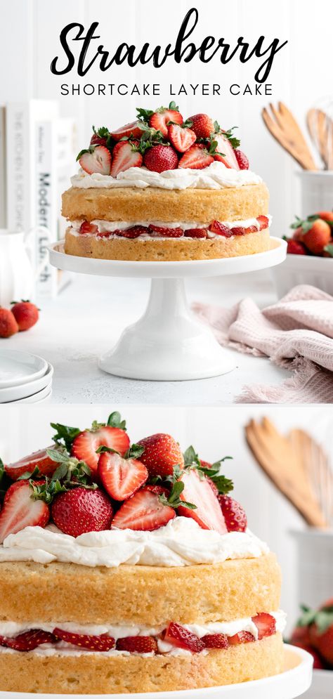 The Strawberry ‘Shortcake’ Layer Cake features 2 delicate and light Victorian sponge cake layers that are sandwiched over a thick layer of mascarpone whipped cream and juicy, fresh macerated strawberries! The Strawberry ‘Shortcake’ Layer Cake is finished off with more mascarpone whipped cream and strawberries, creating a dessert that is both delicious and stop-in-your-tracks gorgeous! #strawberries #berries #strawberryshortcake #layercake #strawberrycake #cake #spongecake #victorianspongecake Layer Cake With Strawberries, Layered Cake With Fruit, One Layer Strawberry Shortcake, Strawberry Cream Sponge Cake, Double Layer Strawberry Shortcake, 2 Layer Strawberry Shortcake, Strawberry Custard Cake, Fruity Cake Recipes, Strawberry Fruit Cake