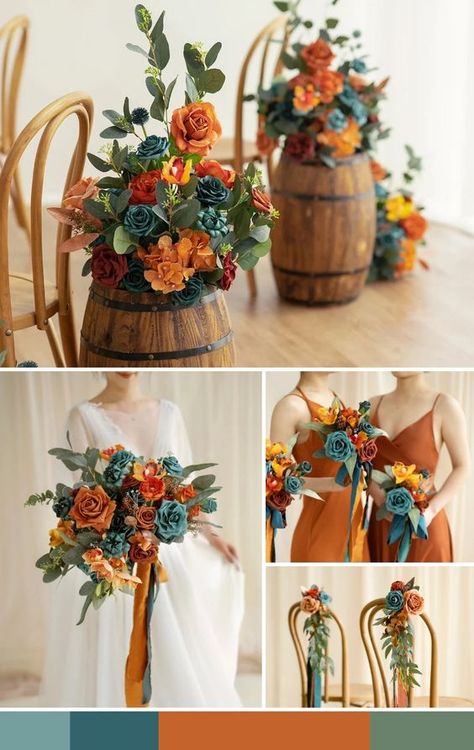 Dark Teal And Rust Wedding Bouquet, Dark Teal And Rust Orange Wedding Table, Teal Color Wedding Theme, Teal Rust Color Palette Wedding, Dark Teal Orange Wedding, Teal And Rust Wedding Flowers, Fall Wedding Colors Teal Burnt Orange, Rust And Teal Bouquet, Real And Burnt Orange Wedding