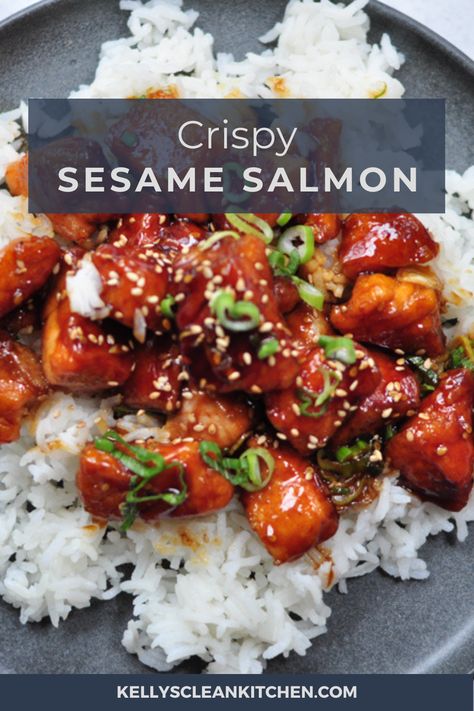 Salmon Bulgogi Recipe, Crispy Teriyaki Salmon, Salmon Tips Recipe, Salmon Recipes Korean, Crispy Sesame Salmon Bites, Sesame Salmon Bites, Sesame Salmon Recipes, Salmon Chinese Recipe, Salmon Tail Recipes