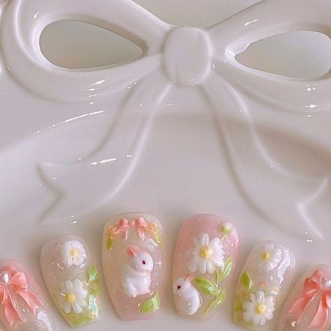 Cottagecore Nails, All Nails, Nails Styles, 3d Nail Designs, Bunny Nails, Daisy Nails, Stylish Nails Designs, Korean Nails, Pretty Gel Nails