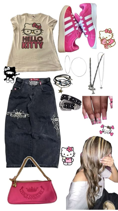 Baggy Hello Kitty Outfit, Hello Kitty Streetwear, Hello Kitty Aesthetic Outfit, Hello Kitty Outfit Ideas, Hello Kitty Fit, 2000s Alt Fashion, Hello Kitty Outfit, Kitty Outfit, Matching Outfits Best Friend