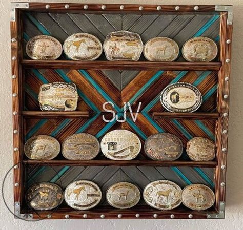 Buckle Display Case 24x24 - Etsy Western Buckle Display Case, Buckle Display Ideas, Buckle Rack, Ffa Projects, Buckle Display Case, Belt Buckle Display, Buckle Display, Trophy Shelf, Western Room