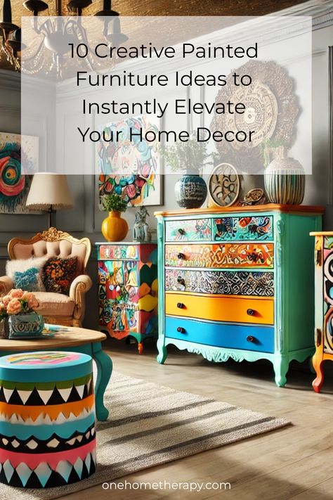 Transform your home with a splash of color! 🎨 Discover "10 Creative Painted Furniture Ideas to Instantly Elevate Your Home Decor." From vintage chic to modern elegance, find inspiration that suits your style. Click to learn more and give your furniture a stunning makeover today! #DIY #HomeDecor #CreativeFurniture #PaintIdeas ✨  Ready to get started? Read the full post now and bring new life to your space! 🏡 Creative Painted Furniture, Bright Sofa, Styles Of Furniture, Painted Furniture Ideas, Expensive Decor, Patterned Furniture, Chic Coffee Table, Bold Decor, Elegant Curtains