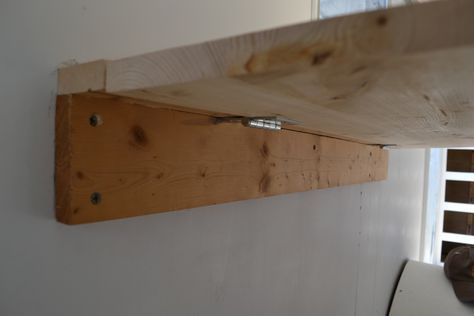 Here's the important stuff: a) the horizontal brace is the one drilled into the wall. The lip is the board sitting on top of it. The top is the big piece hinged to the lip. Got it? Wall Table Diy, Fold Desk, Hinged Table, Wall Mounted Folding Table, Fold Down Desk, Fold Out Table, Folding Workbench, Fold Down Table, Wooden Folding Chairs