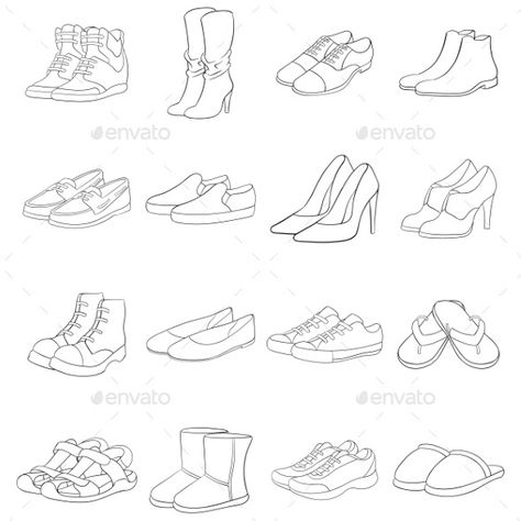 Shoe Icon Set Outline Shoes Illustration Drawing, Shoes Drawing Easy, Shoe Outline, Drawing Hacks, Women's Retreat, Shoes Illustration, Pastel Sec, Shoes Drawing, Line Art Tattoos