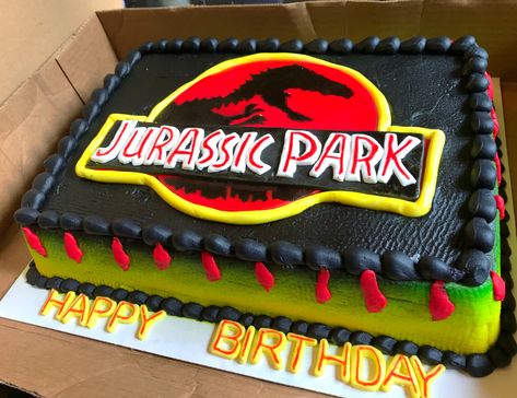 Dinosaur Cake Jurassic Park, Jurassic World Sheet Cake, Jurassic Park Sheet Cake, Jurassic Park Cake Ideas, Jurassic Park Cake Birthdays, Jurassic Park Party Cake, Pastel Jurassic World, Jurrasic Park Birthday Party, Jurrasic World Birthday Party Ideas