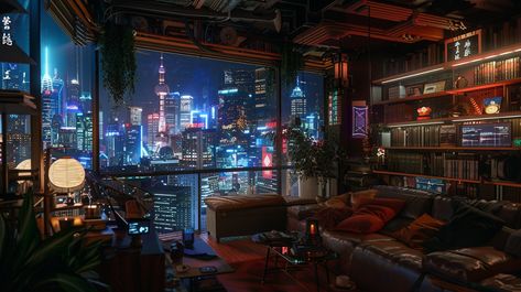 Apartment Balcony with Cyberpunk City View Scifi Apartment Concept Art, Cyberpunk Apartment Concept Art, Horror Apartment, Uglies Book, Cyberpunk Interior Design, Cyberpunk Bedroom, Cyberpunk House, Ready Player One Movie, Futuristic Apartment