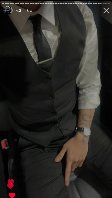 guy dressed in business attire, very classy, fitted suit, suit and tie, black tie, tattoo, has snake tattoo, ceo vibe, wearing watch, wearing classic suit, wearing suit vest, ceo outfit inspo, outfit inspo Tie Tattoo, Ceo Outfit, Tattoo Snake, Black Suit Men, Classy Suits, Aesthetic Outfits Men, Classic Suit, Snake Tattoo, Suit Vest