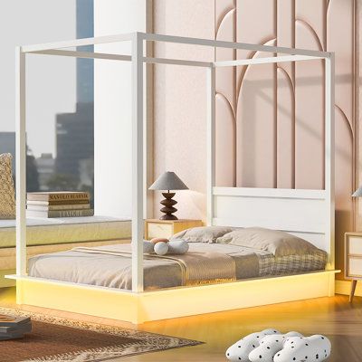 [Easy Assembly] This bed is delivered in two packages, along with the installation manual and full set of hardware necessary to guide you through the process of assembly, and the bed will definitely be assembled conveniently. [Eye-catching Design] With the design of LED light, this bed brings cozy atmosphere to your home. It has under bed nightstand which can make you feel easy and comfortable to use depending on your need.This platform bed is designed to last for a lifetime as well as maintain its stylish look with clean lines that blend well with the surroundings [Modern Design] Wooden canopy bed with brushed-effect finish has a sleek exterior profile, traditional wooden headboard, with clean lines for a timeless look [4 Sizes options] This bed has 4 sizes from twin to king size. Mattres Modern Canopy Bed, Wooden Canopy Bed, Bed Nightstand, Canopy Bed Frame, Bedroom Deco, Wooden Headboard, Murphy Beds, Platform Beds, Bed Canopy