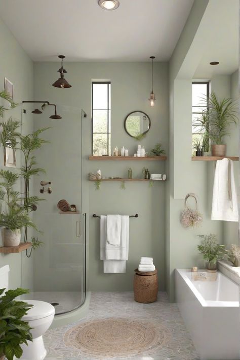 Embrace Nature: Garden Patch (BM 2145-30) in Your Professionally Painted Cozy Bathroom! - upgradesign.blog Colors Of Bathrooms, Bathroom Colored Walls, Bright Bathroom Remodel, Fun Bathroom Remodel, Light Green Master Bath, Washroom Paint Ideas, Fun Bathroom Wall Colors, Sage Bathroom Color Scheme, Paint Colour For Small Bathroom