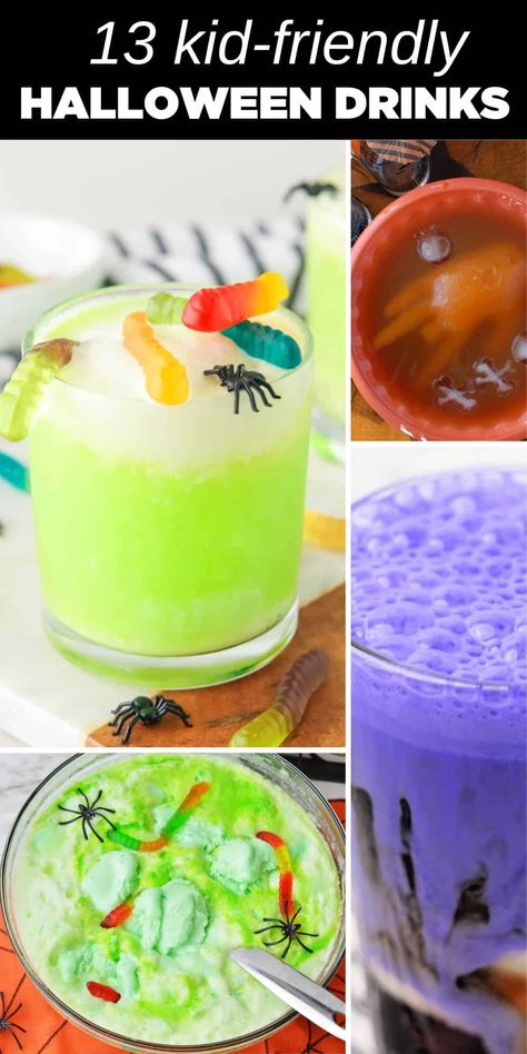 four colorful Halloween drinks Non Alcoholic Halloween Punches, Fun Halloween Alcoholic Drinks, Halloween Punch Non Alcoholic, Halloween Drinks Nonalcoholic Kids, Halloween Drinks For Kids School, Halloween Themed Drinks For Kids, Halloween Non Alcoholic Punch, Easy Halloween Punch Nonalcoholic, Halloween Beverages Non Alcoholic