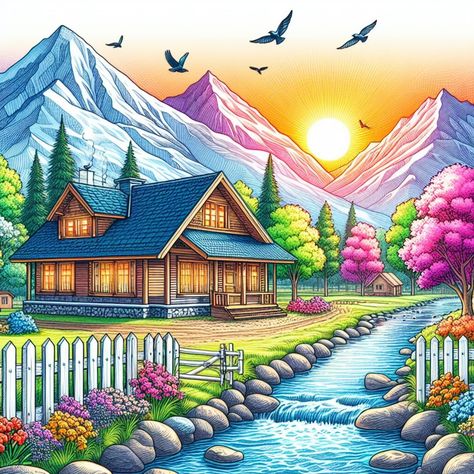 Drawing Scenery For Kids, Education Related Drawings, Beautiful Scenery Drawings Easy, Nature Drawing Ideas Creative Beautiful, Garden Drawing Ideas, House Scenery Drawing, Environment Drawing Ideas, Beautiful Drawing Ideas, Simple Landscape Drawing