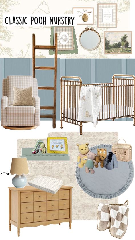 Winnie the Pooh in its classic form, bringing whimsical charm and cozy vibes. Classic Pooh Nursery, Nature Themed Nursery, French Nursery, Pooh Nursery, Traditional Nursery, Baby Nursery Inspiration, Winnie The Pooh Nursery, Baby Room Themes, Classic Pooh