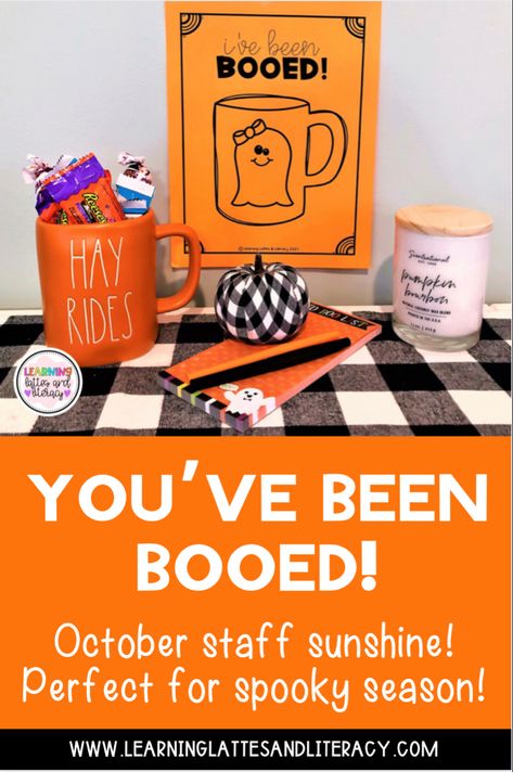 An image of the game: you’ve been booed with a Halloween mug and treats Staff Halloween Ideas, You’ve Been Mugged Fall, October Staff Morale Boosters, October Staff Appreciation Ideas, Halloween Staff Appreciation Ideas, Monthly Staff Morale Boosters, You've Been Gobbled, You've Been Mugged, Staff Morale Booster