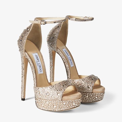 MAX 150 | Honey Gold Shimmer Suede Platform Stiletto Sandals with Hotfix Crystals | Winter 2022 collection | JIMMY CHOO Gold Jimmy Choo Heels, Designer Heels Jimmy Choo, Gold Sparkly Heels, Gold Platform Heels, Cutest Shoes, Luxury Heels, Jimmy Choo Gold, Book Pictures, Jimmy Choo Sandals