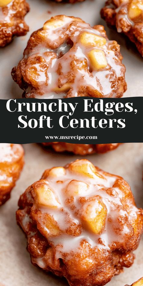 Enjoy the best of both worlds with these baked apple fritters—crispy edges and a soft, fruity center, all topped with a cinnamon-vanilla glaze. Perfect for a weekend baking project or a weekday treat! Baked Apples With Crumb Topping, Apple Fries Baked, Apple Fritter Bake Recipe, Apple Fritter Dessert, Apple Cider Fritters, Apple Fritters Yeast Dough, Easy Apple Baked Goods, Mini Apple Fritters Recipe, Apple Ring Fritters